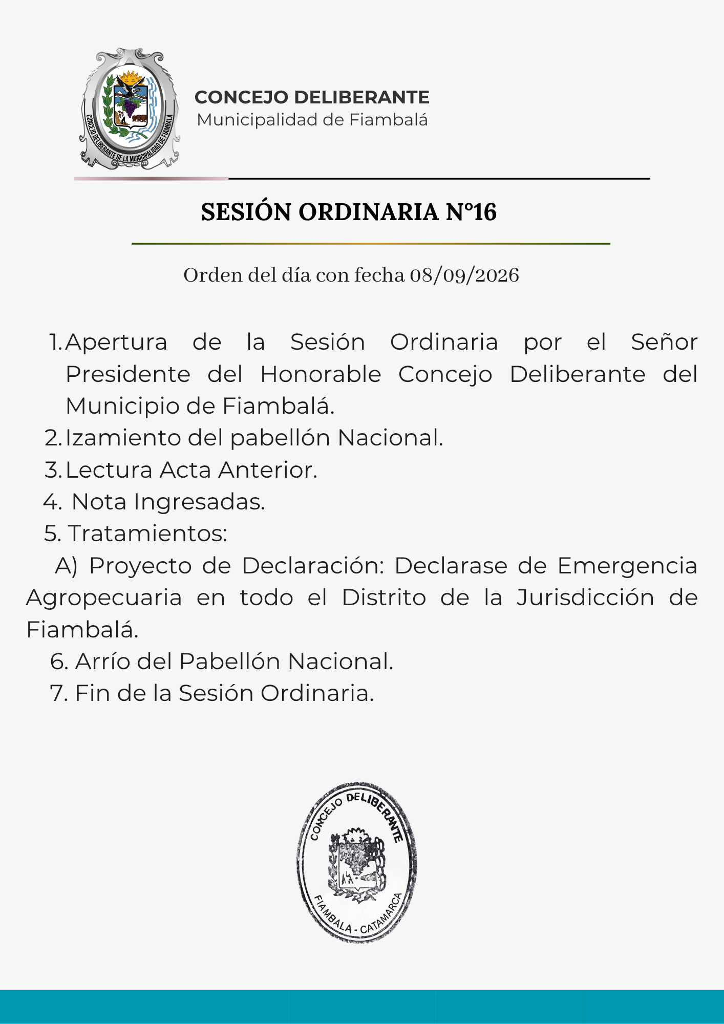 ORDEN DEL DIA: SESIÓN N°16 DEL HONORABLE CONCEJO DELIBERANTE