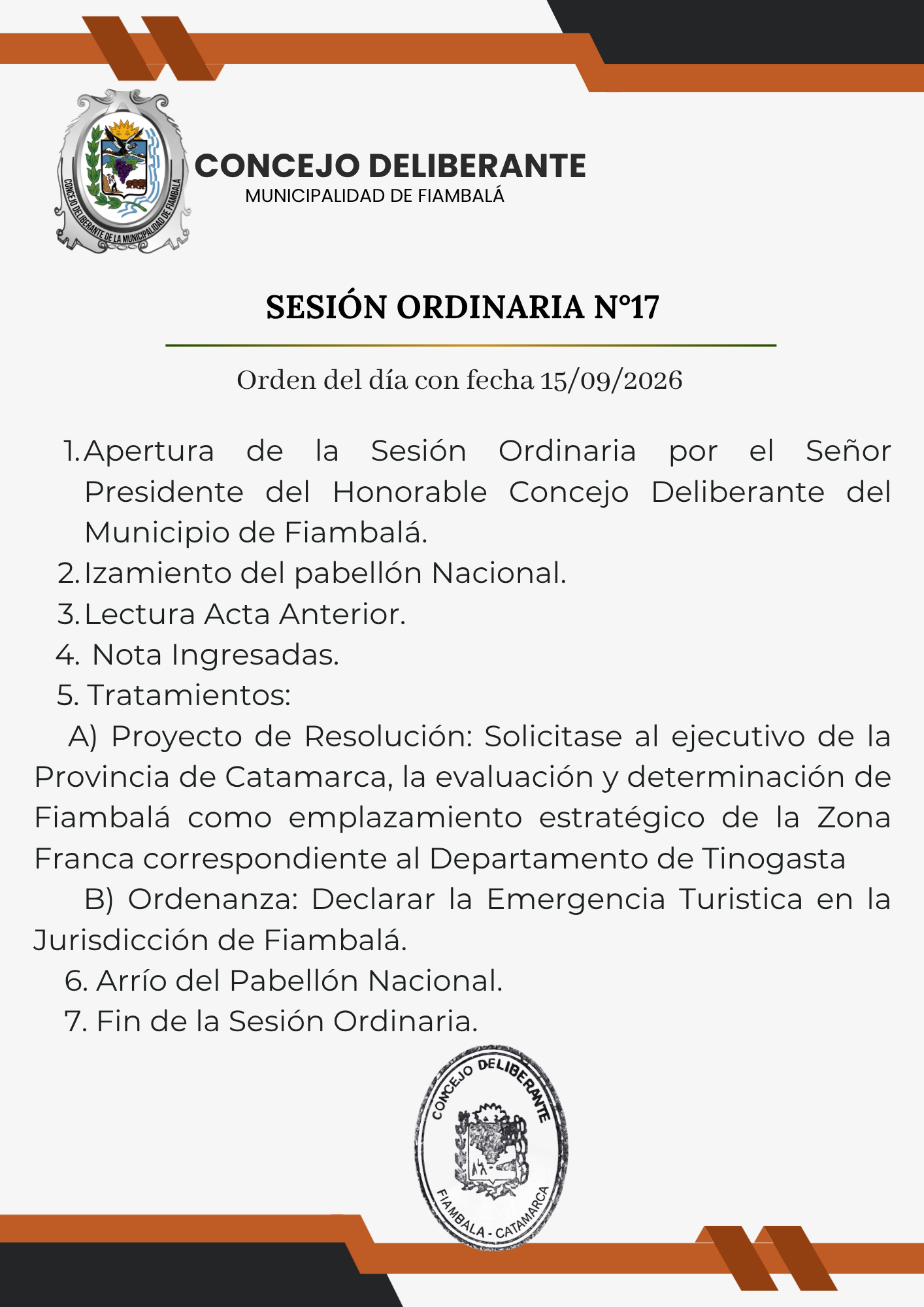 ORDEN DEL DÍA: SESIÓN ORDINARIA DEL CONCEJO DELIBERANTE DEL MUNICIPIO DE FIAMBALÁ